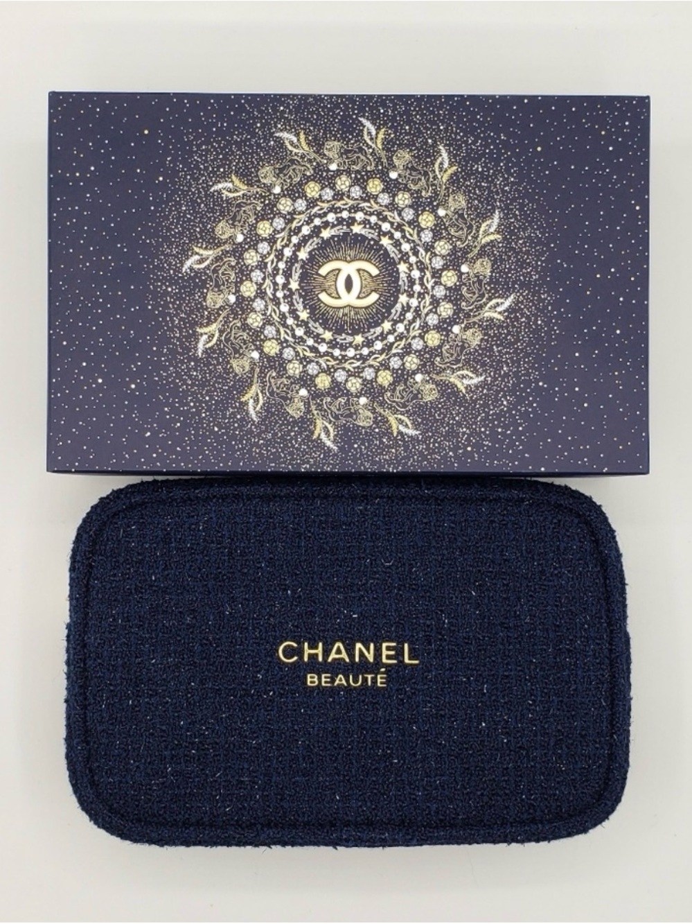 CHANEL Navy Tweed Cosmetic Case with Gold Logo